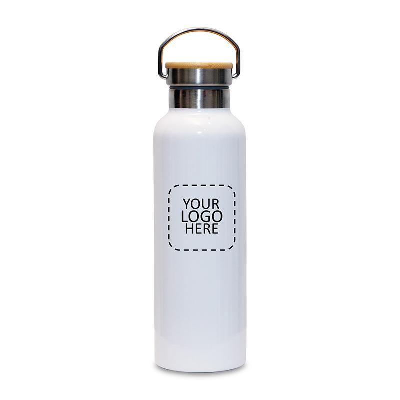 White Double Walled Thermal Water Bottle With Bamboo Lid with Logo